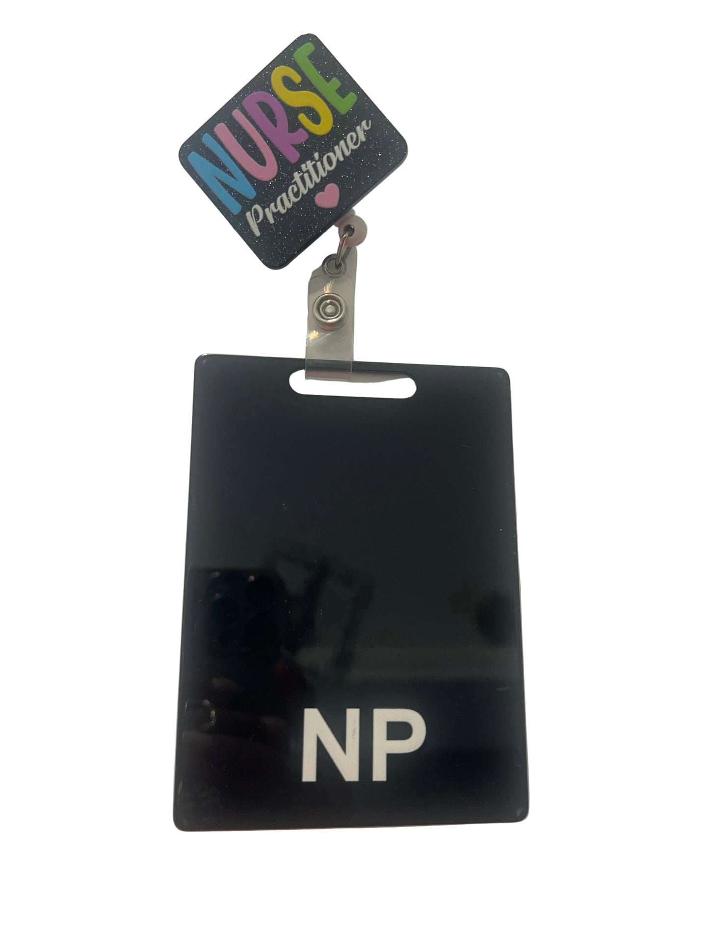Nurse Practitioner’s (NP)Pink, Purple and Blue Role Recognition ID badge.