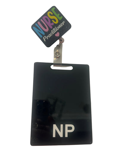 Nurse Practitioner’s (NP)Pink, Purple and Blue Role Recognition ID badge.