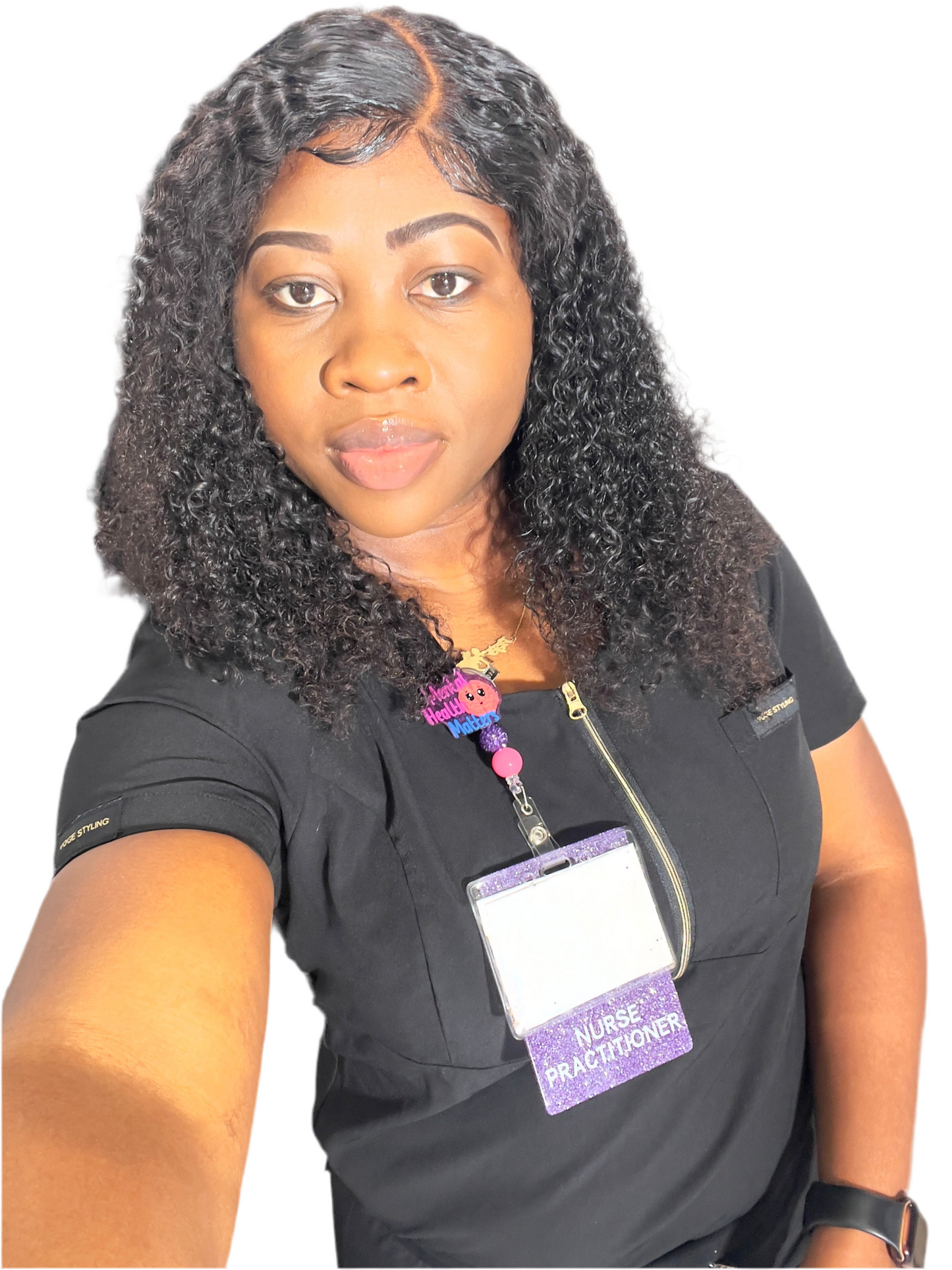 Nurse Practitioner’s (NP)Pink, Purple and Blue Role Recognition ID badge.