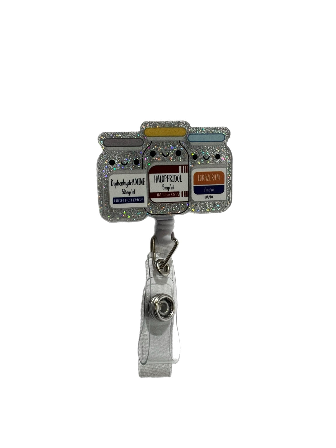 Ativan, Benadryl and Haldol Glitter Plastic Medical Letters Badge Reel for healthcare workers.