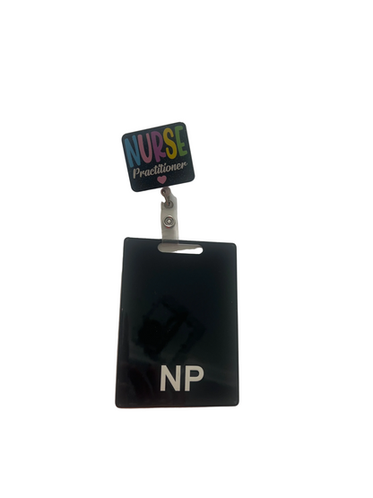 Nurse Practitioner’s (NP)Pink, Purple and Blue Role Recognition ID badge.