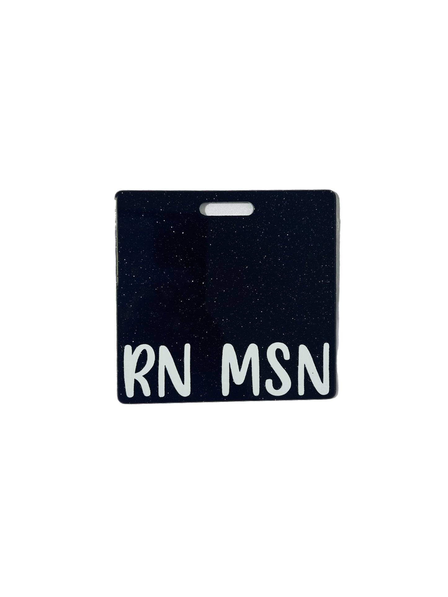 Short Acrylic Glitter Blue and Black RN MSN Badge Buddy Holder