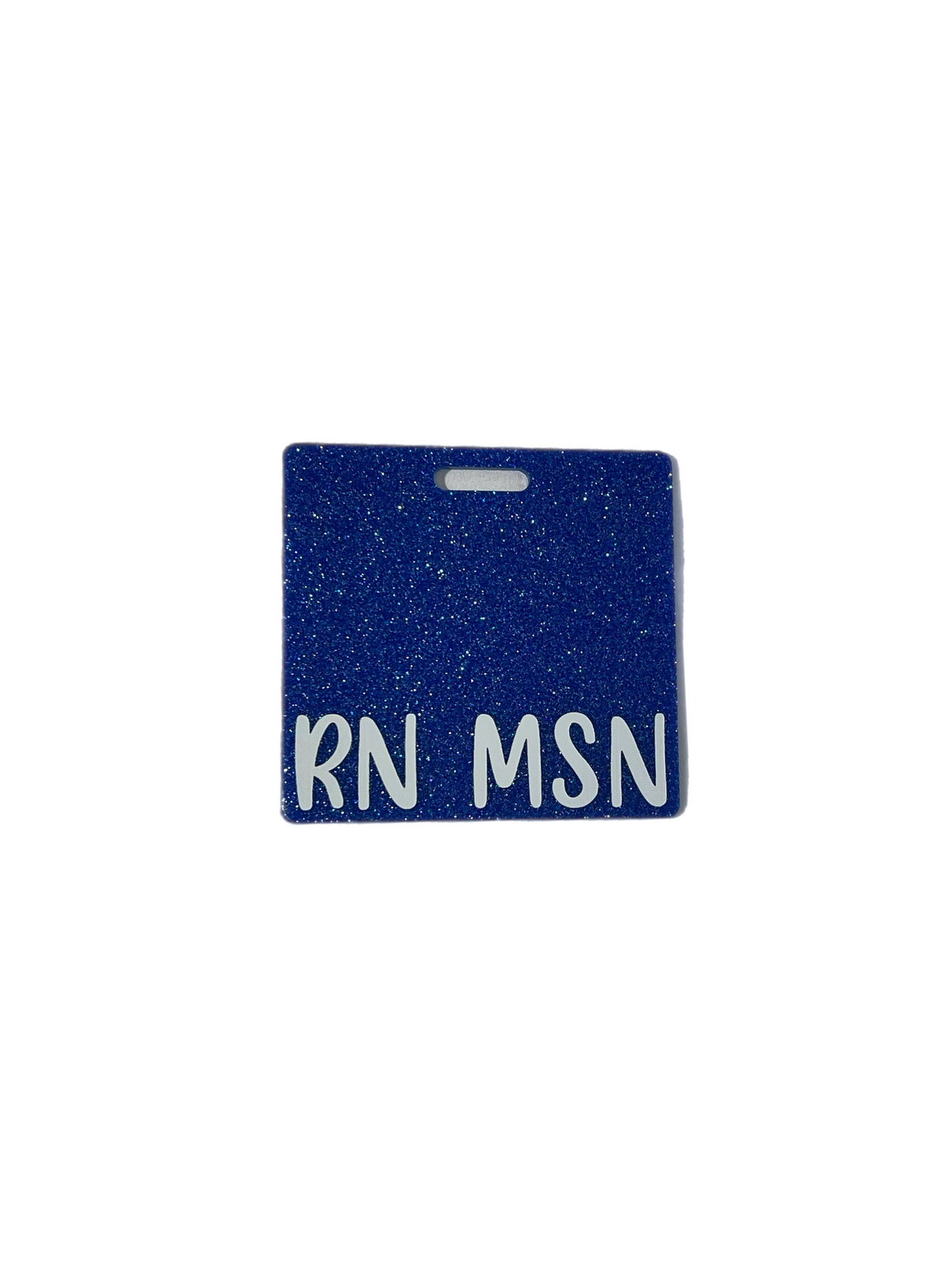 Short Acrylic Glitter Blue and Black RN MSN Badge Buddy Holder